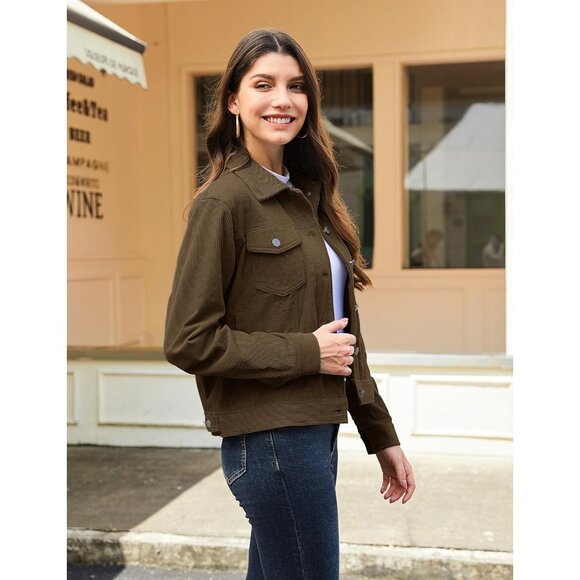 Women Coffee Corduroy Cropped Shacket Button Down Long Sleeve Casual Coat - Picture 3 of 6